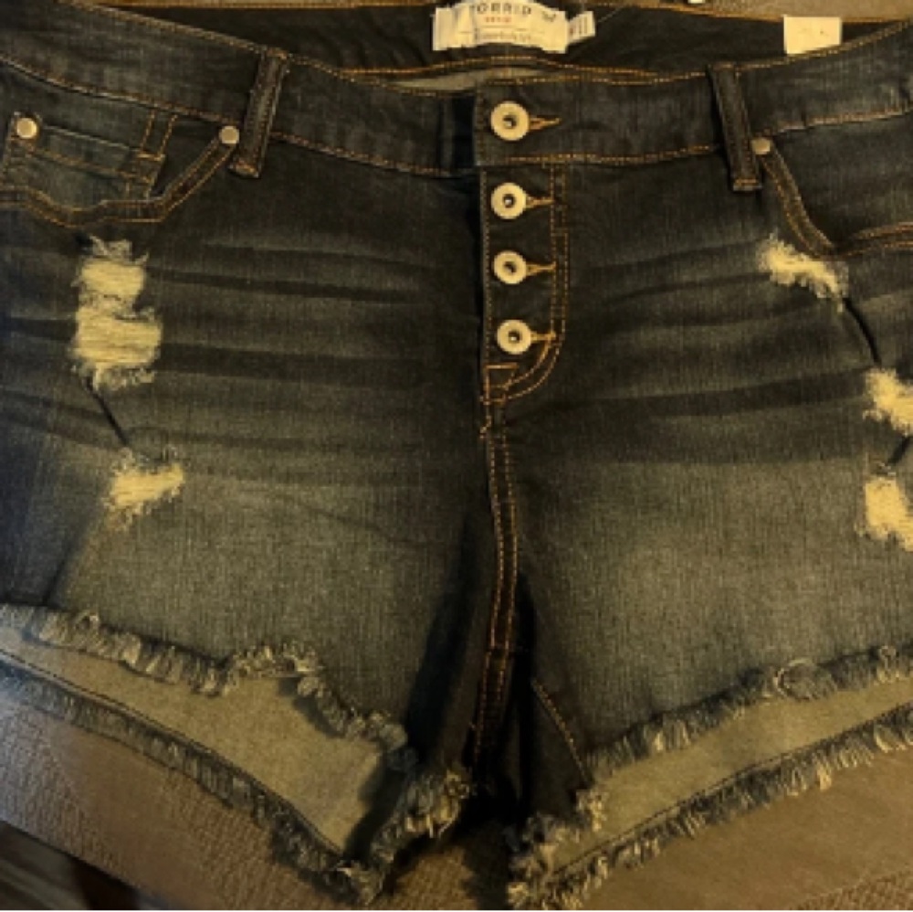Distressed High-Rise Button Fly Denim Shorts - Dark Blue